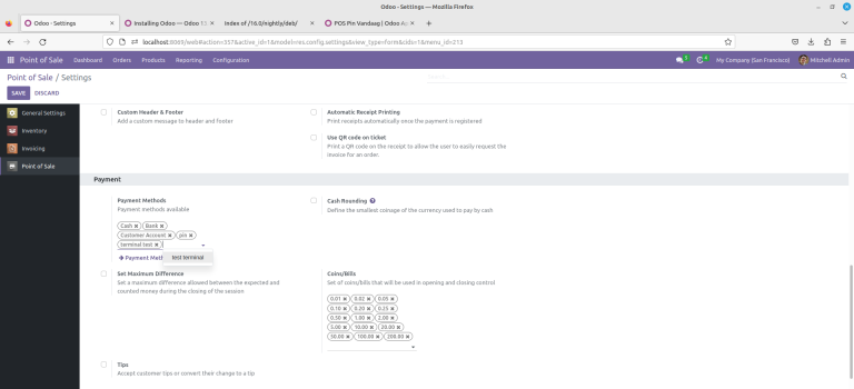 Odoo Point of Sale-instellingen met de Pin Vandaag-betaalmethode geselecteerd
